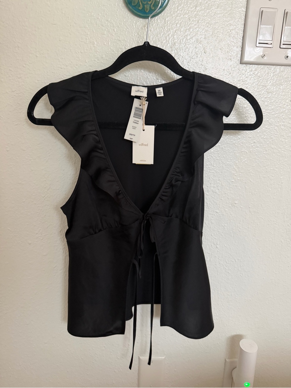 Wilfred Tonka Black Satin blouse Ruffle Tie Front Camisole